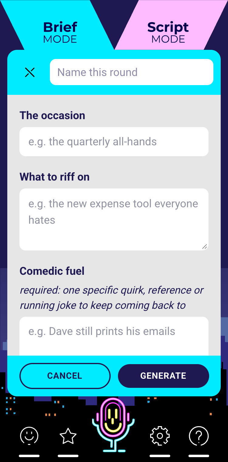 Brief Mode form with fields for the occasion, what to riff on and comedic fuel