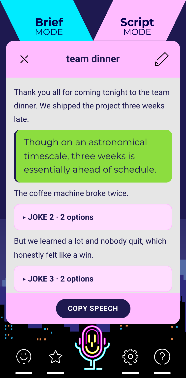 Script Mode showing a pasted speech with a suggested joke placed after one of its sentences